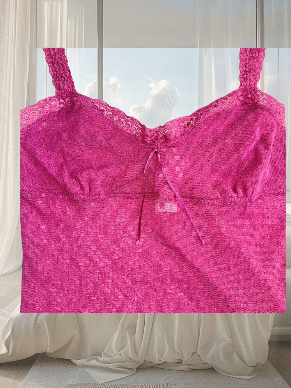 Vintage Y2K Milkmaid Ribbon Babydoll Lace Cami Tank Top Drak Pink See Through - Picture 3 of 4